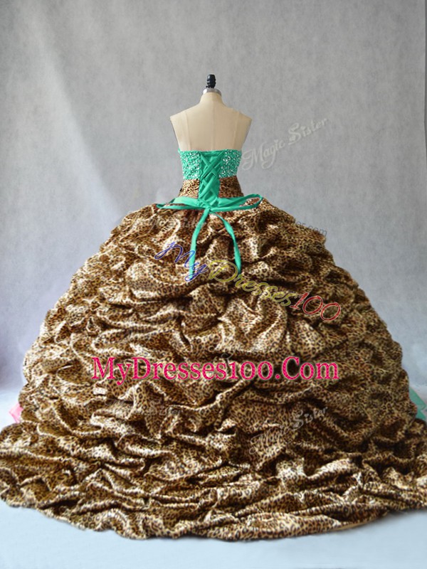 Glittering Sleeveless Beading and Pick Ups Lace Up Ball Gown Prom Dress with Turquoise Brush Train