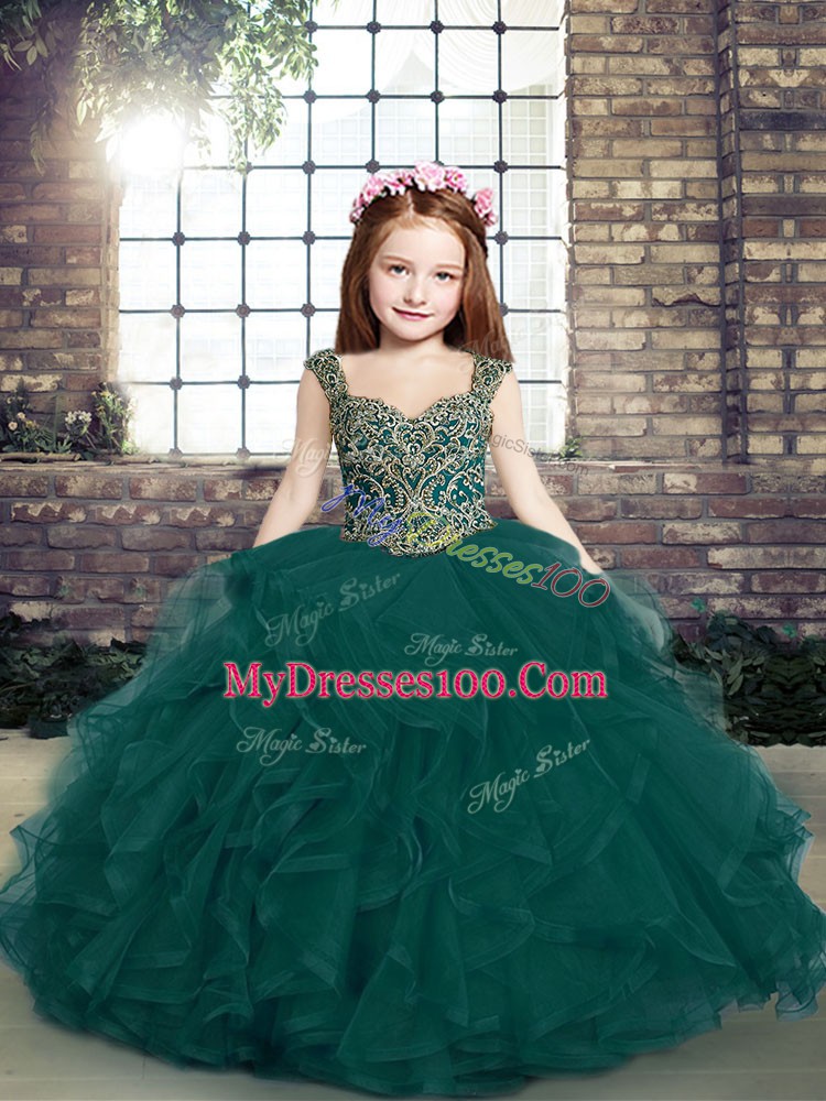 Peacock Green Lace Up Straps Beading and Ruffles Glitz Pageant Dress Tulle Sleeveless