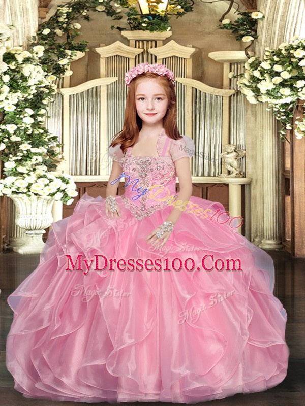 Admirable Organza Straps Sleeveless Lace Up Beading Pageant Gowns For Girls in Baby Pink