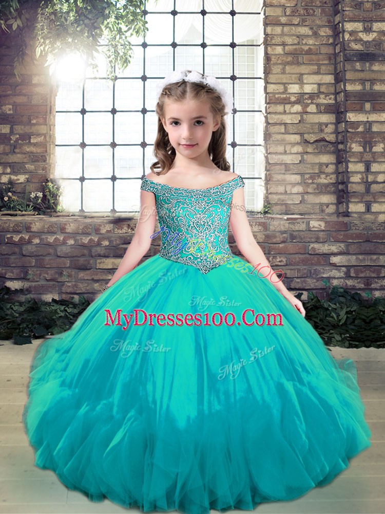 Aqua Blue Tulle Lace Up Little Girls Pageant Dress Wholesale Sleeveless Floor Length Beading