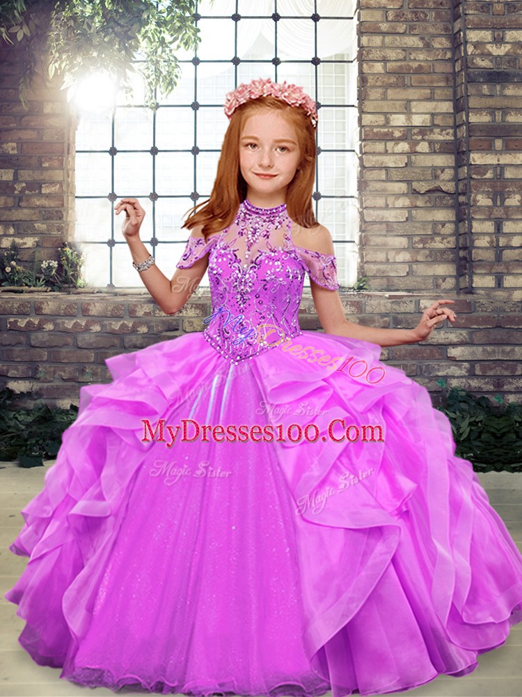 Stylish Sleeveless Floor Length Beading Lace Up Pageant Dresses with Lilac