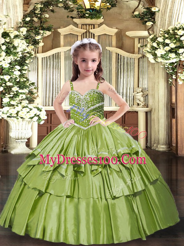 Custom Design Floor Length Olive Green Little Girl Pageant Gowns Straps Sleeveless Lace Up