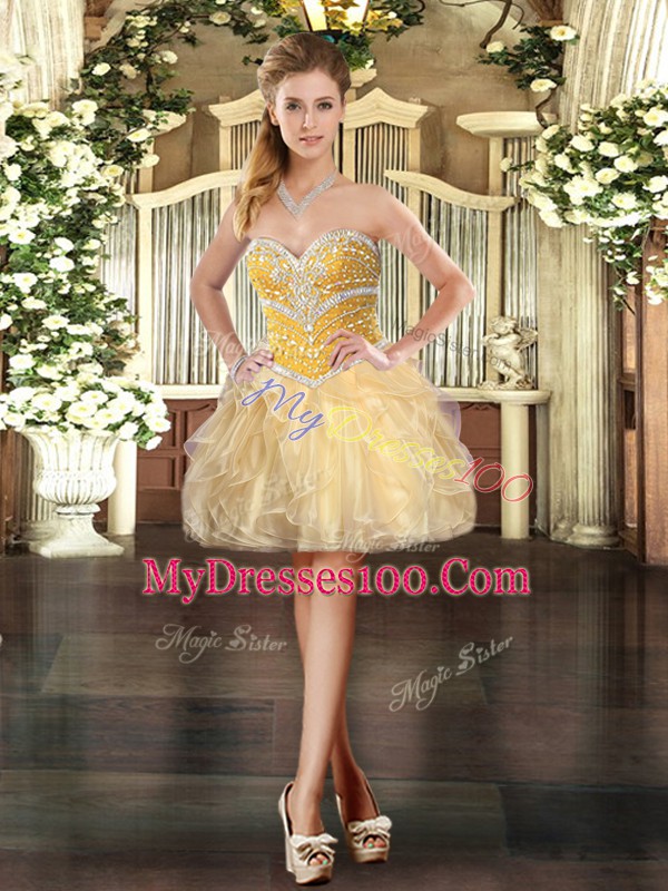 Mini Length Gold Prom Dress Organza Sleeveless Beading and Ruffles