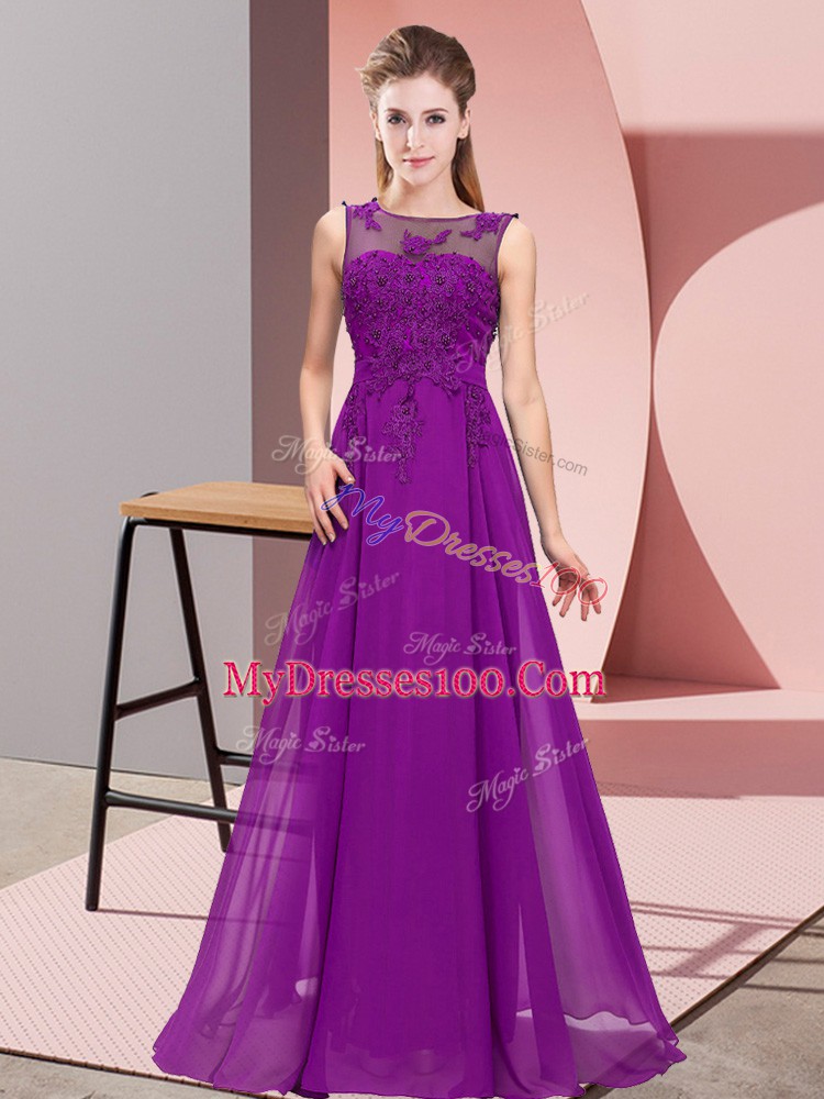 Scoop Sleeveless Bridesmaid Dress Floor Length Beading and Appliques Purple Chiffon