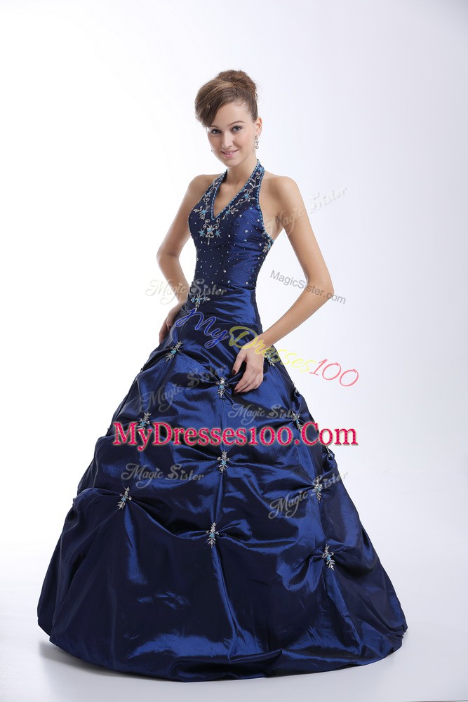 Halter Top Sleeveless Taffeta Vestidos de Quinceanera Embroidery and Pick Ups Lace Up