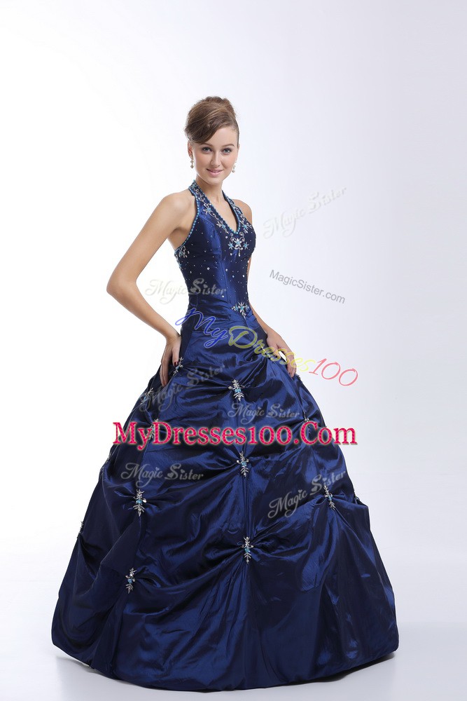 Halter Top Sleeveless Taffeta Vestidos de Quinceanera Embroidery and Pick Ups Lace Up