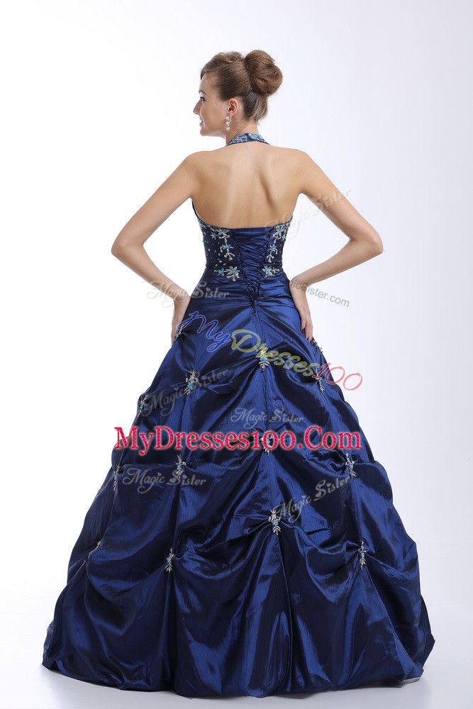 Halter Top Sleeveless Taffeta Vestidos de Quinceanera Embroidery and Pick Ups Lace Up