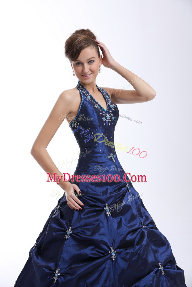 Halter Top Sleeveless Taffeta Vestidos de Quinceanera Embroidery and Pick Ups Lace Up