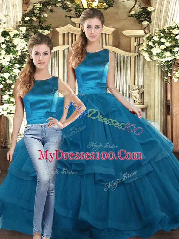 Shining Floor Length Two Pieces Sleeveless Teal Quinceanera Dress Lace Up