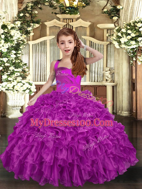 Floor Length Lace Up Pageant Dress for Girls Fuchsia for Party and Wedding Party with Ruffles and Ruching