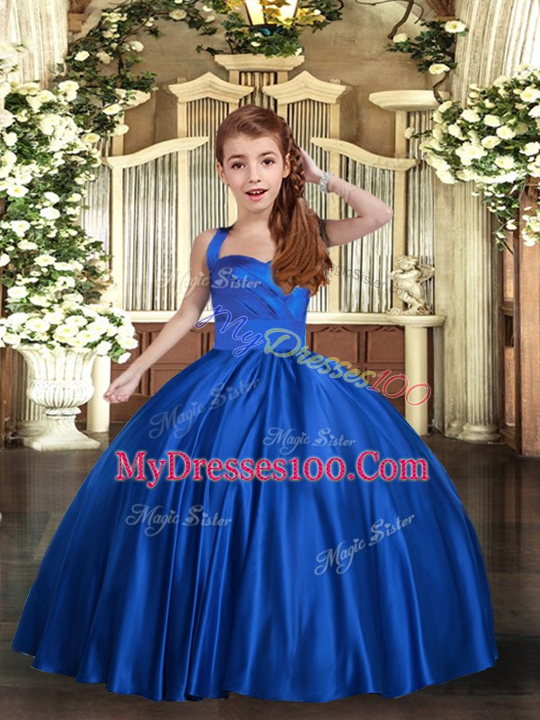 Admirable Satin Straps Sleeveless Lace Up Ruching Little Girl Pageant Gowns in Royal Blue
