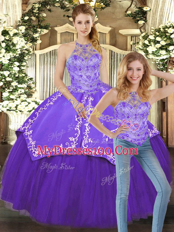 Purple Two Pieces Satin and Tulle Halter Top Sleeveless Beading and Embroidery Floor Length Lace Up Quince Ball Gowns