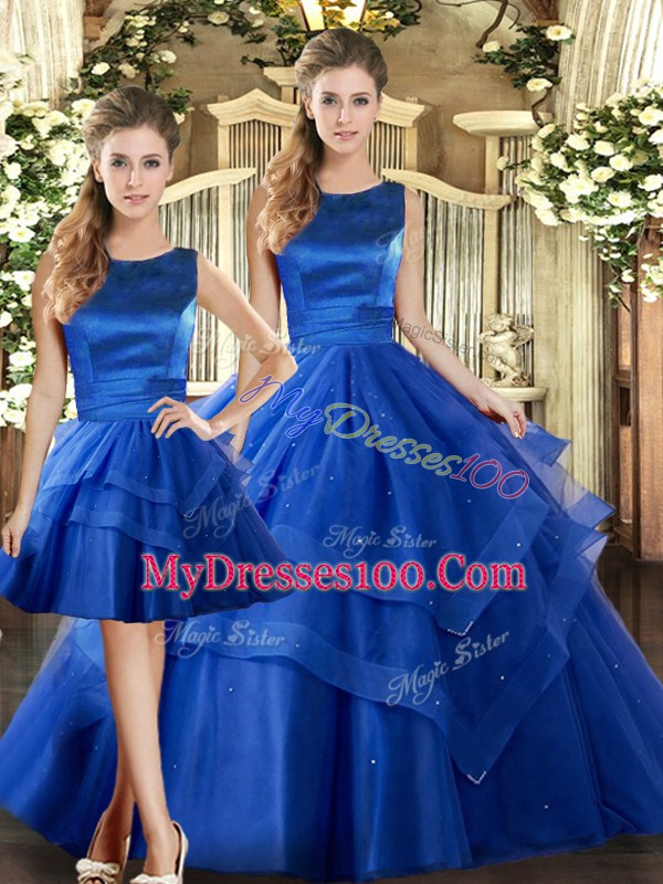 New Style Royal Blue Three Pieces Scoop Sleeveless Tulle Floor Length Lace Up Ruffled Layers Quince Ball Gowns