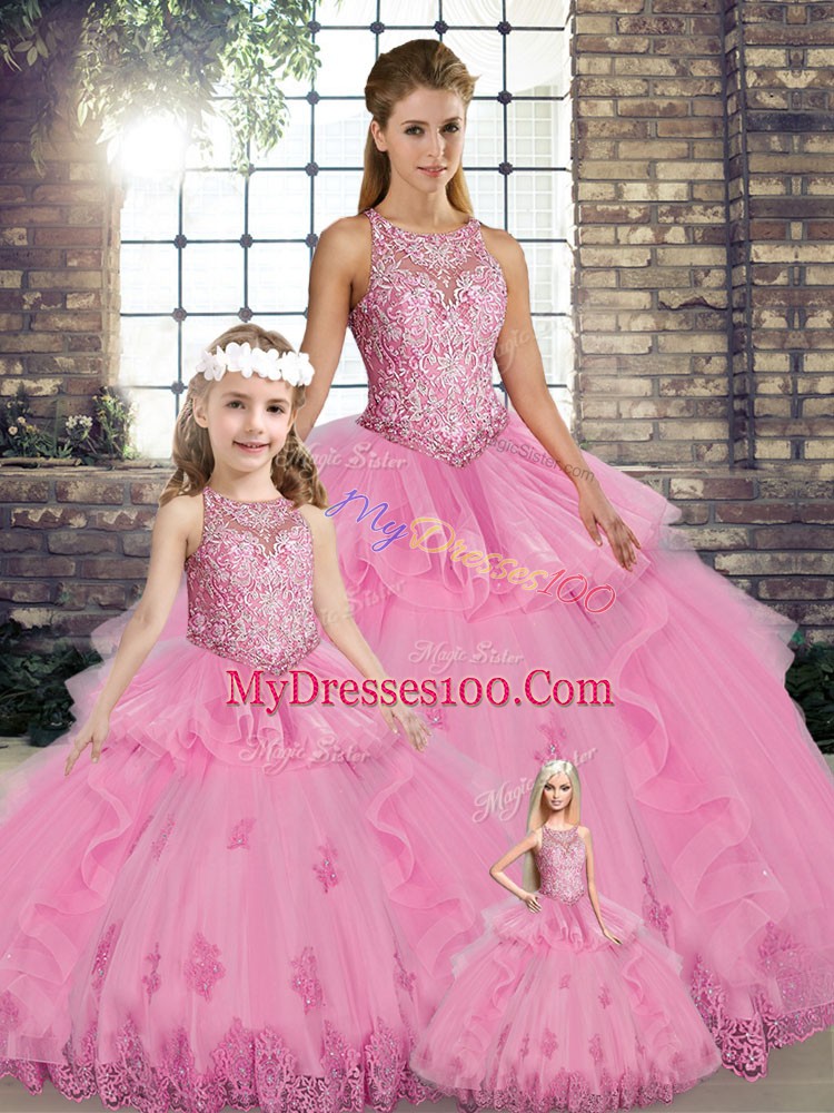 Rose Pink Ball Gowns Lace and Embroidery and Ruffles Quince Ball Gowns Lace Up Tulle Sleeveless Floor Length