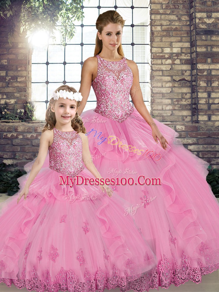 Rose Pink Ball Gowns Lace and Embroidery and Ruffles Quince Ball Gowns Lace Up Tulle Sleeveless Floor Length