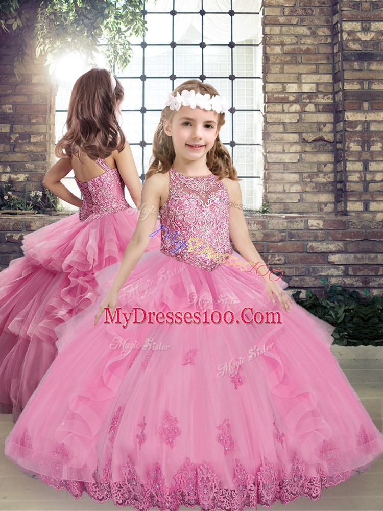 Rose Pink Ball Gowns Lace and Embroidery and Ruffles Quince Ball Gowns Lace Up Tulle Sleeveless Floor Length