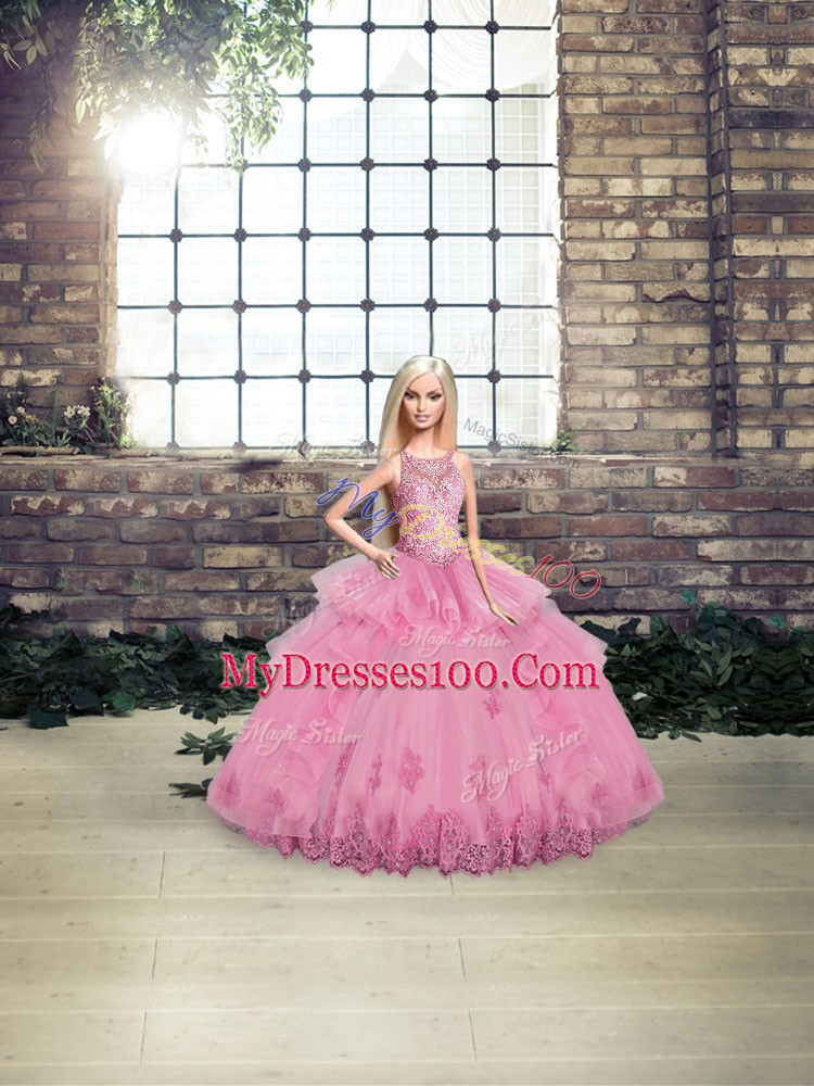 Rose Pink Ball Gowns Lace and Embroidery and Ruffles Quince Ball Gowns Lace Up Tulle Sleeveless Floor Length