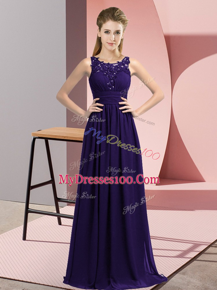Most Popular Purple Chiffon Zipper Scoop Sleeveless Floor Length Dama Dress for Quinceanera Beading and Appliques
