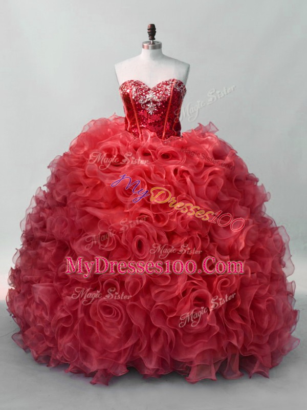 Captivating Red Sweetheart Neckline Sequins Quinceanera Dresses Sleeveless Lace Up
