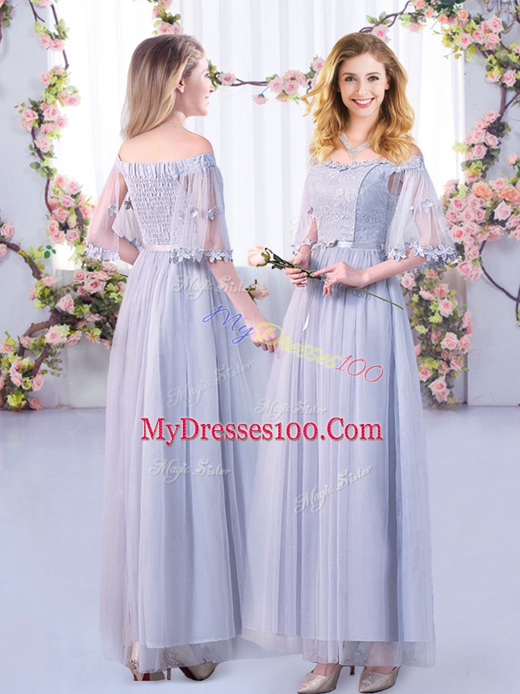 High Class Floor Length Grey Dama Dress for Quinceanera Tulle Half Sleeves Lace and Belt