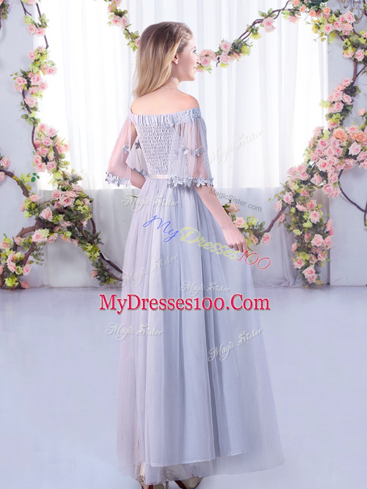 High Class Floor Length Grey Dama Dress for Quinceanera Tulle Half Sleeves Lace and Belt