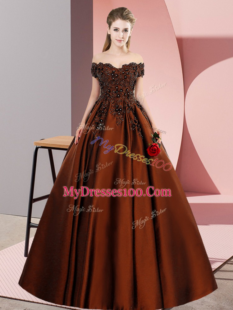 Latest Brown A-line Lace and Appliques 15 Quinceanera Dress Zipper Satin Sleeveless Floor Length