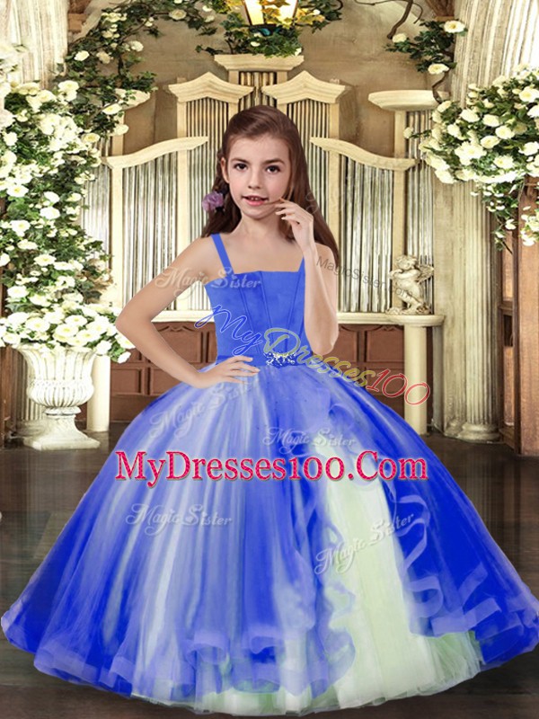 Super Floor Length Lace Up Kids Formal Wear Blue for Party and Sweet 16 and Wedding Party with Beading