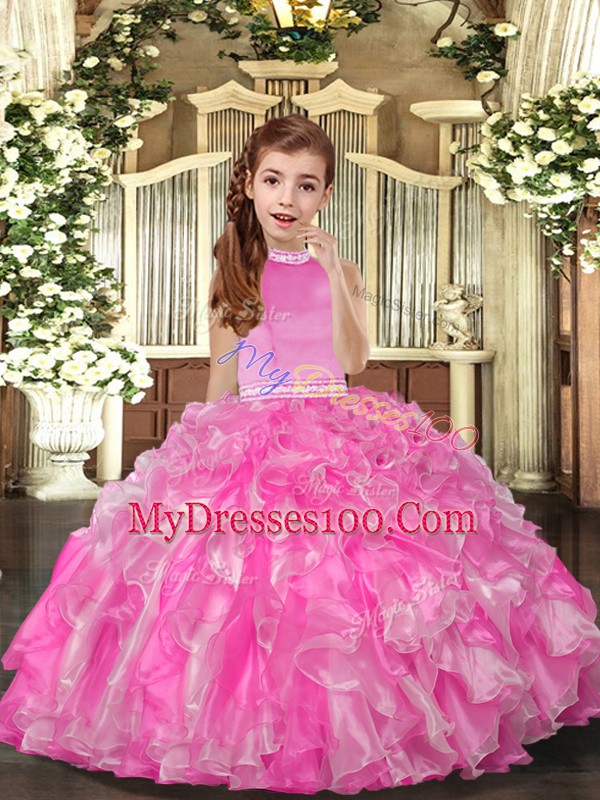 Rose Pink Organza Backless Kids Formal Wear Sleeveless Floor Length Beading and Ruffles