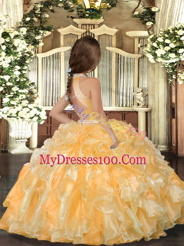 Rose Pink Organza Backless Kids Formal Wear Sleeveless Floor Length Beading and Ruffles