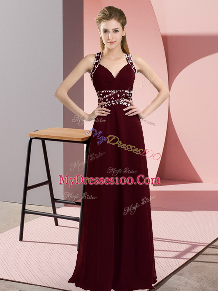 Latest Burgundy Sleeveless Beading Floor Length Prom Party Dress