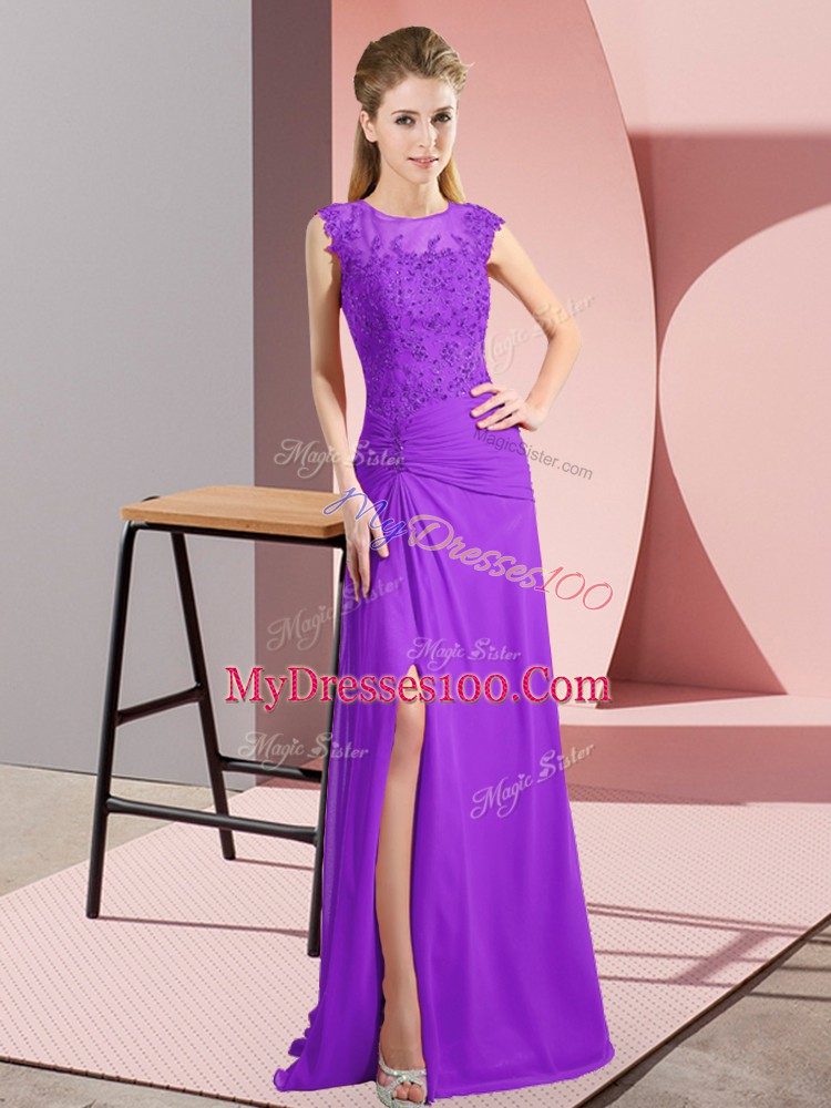 Noble Column/Sheath Prom Dress Purple Scoop Chiffon Sleeveless Floor Length Zipper