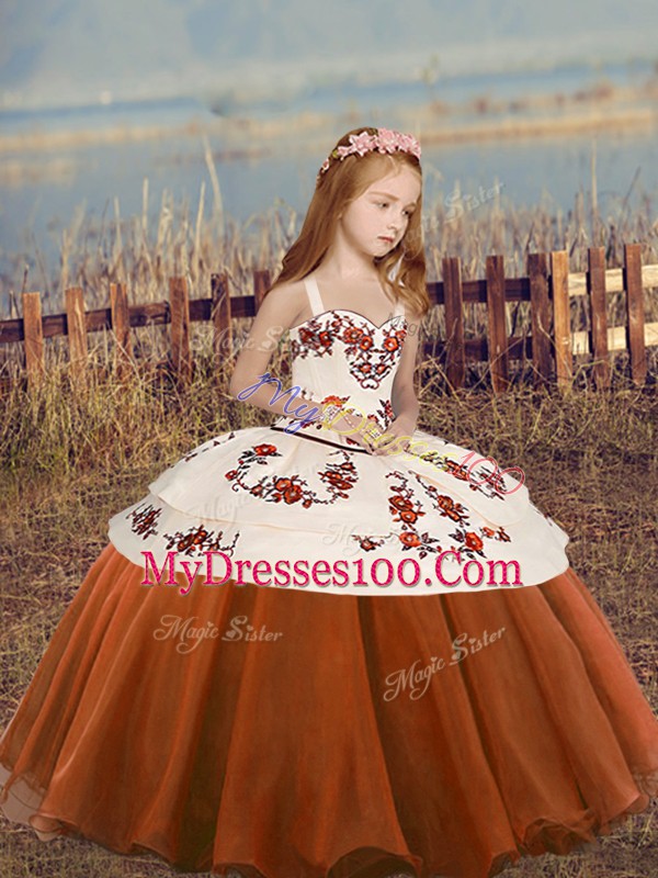 Straps Sleeveless Lace Up High School Pageant Dress Rust Red Organza