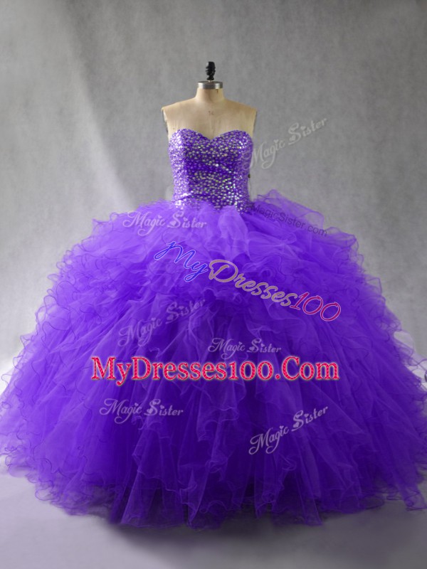 Purple Ball Gowns Beading and Ruffles Ball Gown Prom Dress Lace Up Tulle Sleeveless Floor Length