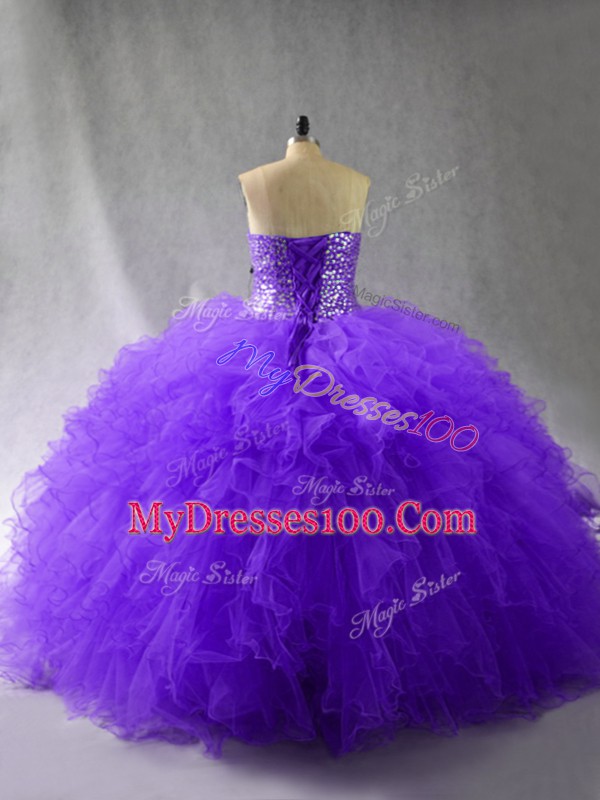 Purple Ball Gowns Beading and Ruffles Ball Gown Prom Dress Lace Up Tulle Sleeveless Floor Length