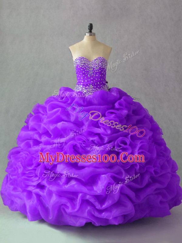 Purple Sleeveless Beading and Pick Ups and Hand Made Flower Floor Length Quinceanera Gown