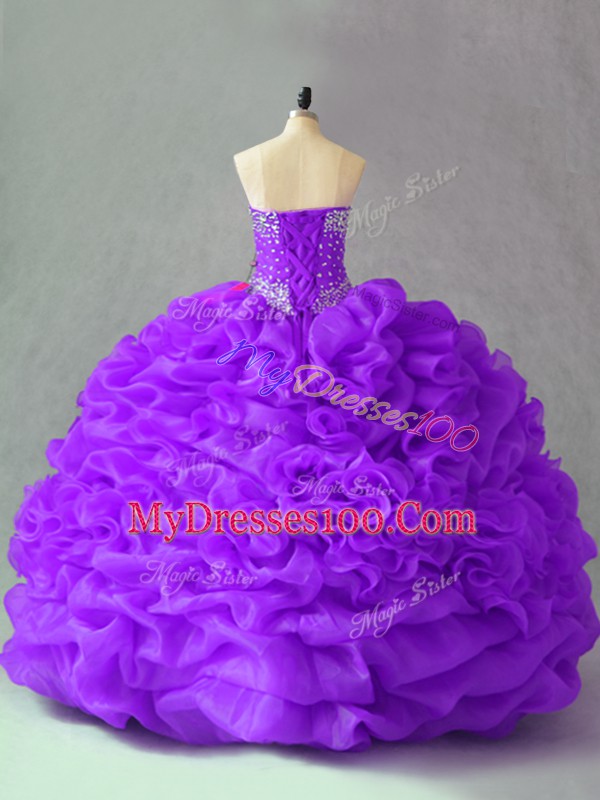 Purple Sleeveless Beading and Pick Ups and Hand Made Flower Floor Length Quinceanera Gown