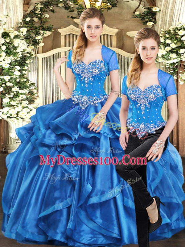 Pretty Sweetheart Sleeveless Quince Ball Gowns Floor Length Beading and Ruffles Blue Organza