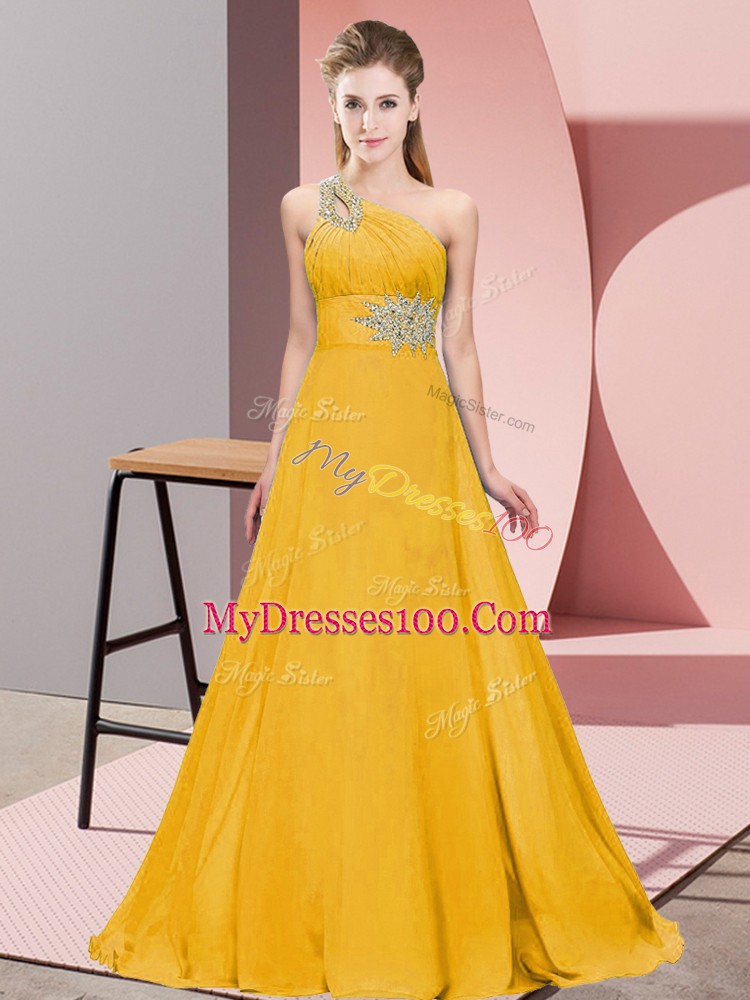 Orange Empire One Shoulder Sleeveless Chiffon Brush Train Lace Up Beading and Ruching Teens Party Dress