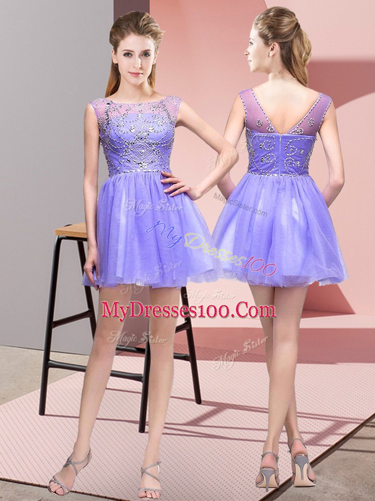 Lavender Tulle Zipper Prom Party Dress Sleeveless Mini Length Beading