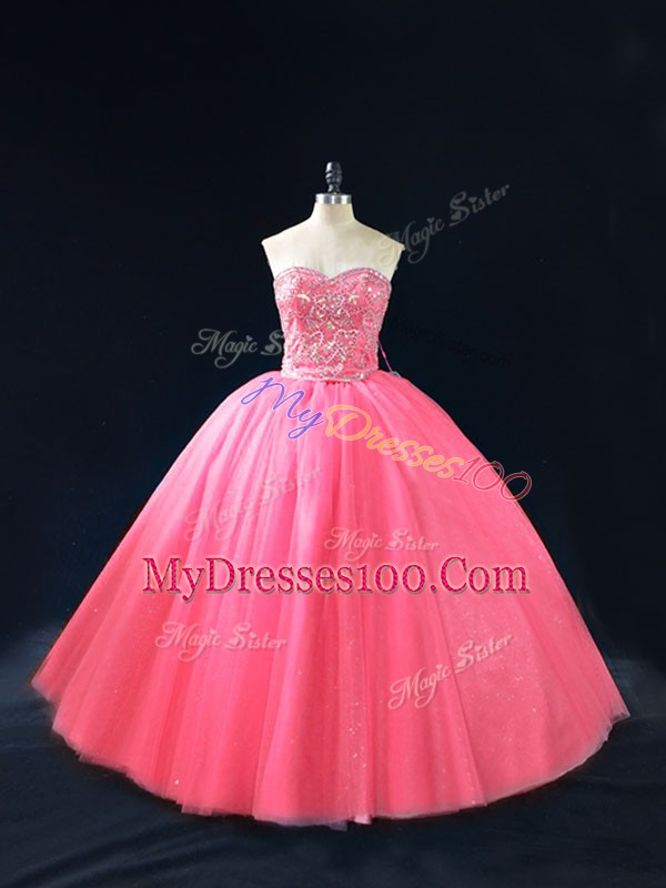Floor Length Side Zipper Quince Ball Gowns Hot Pink for Sweet 16 and Quinceanera with Beading