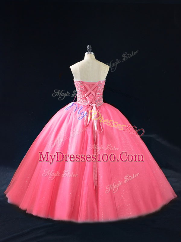 Floor Length Side Zipper Quince Ball Gowns Hot Pink for Sweet 16 and Quinceanera with Beading