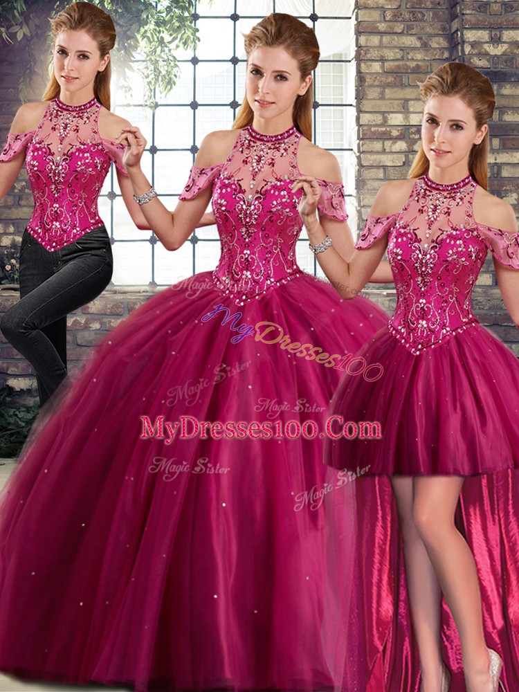 Colorful Lace Up 15 Quinceanera Dress Fuchsia for Military Ball and Sweet 16 and Quinceanera with Beading Brush Train