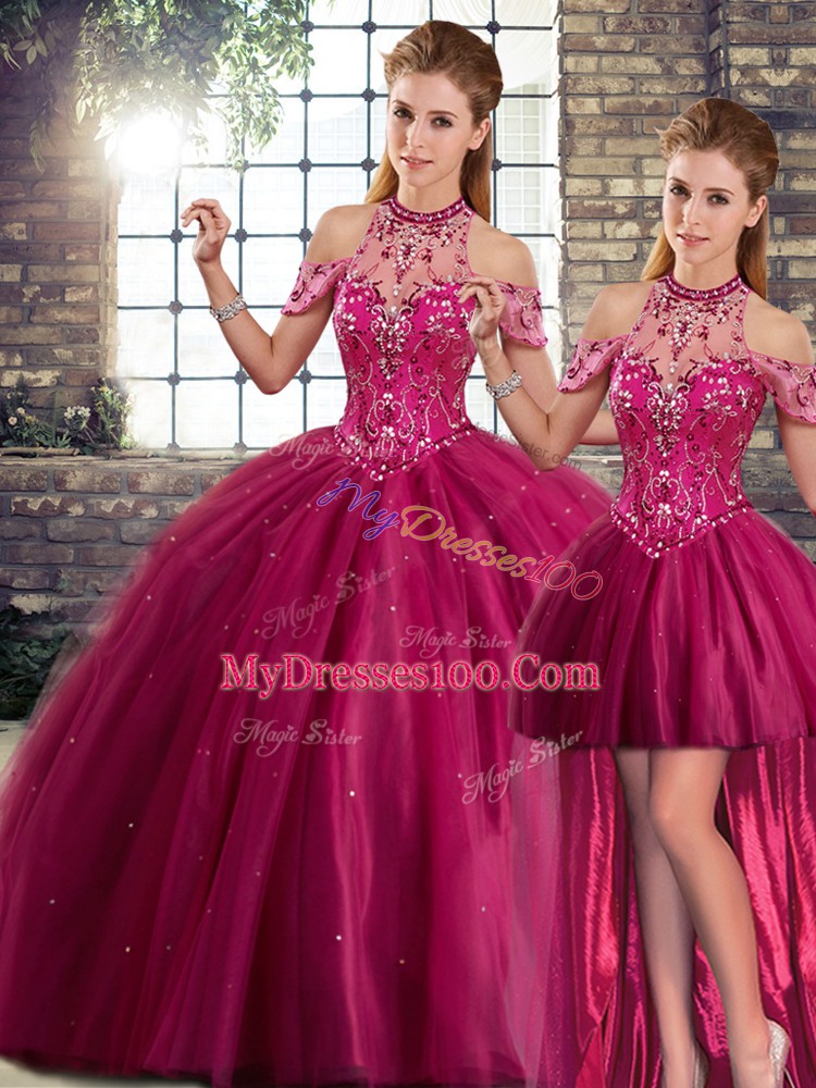 Colorful Lace Up 15 Quinceanera Dress Fuchsia for Military Ball and Sweet 16 and Quinceanera with Beading Brush Train