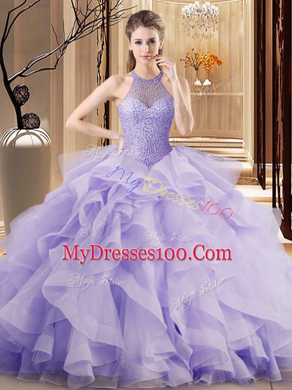 Halter Top Sleeveless Organza 15th Birthday Dress Beading and Ruffles Sweep Train Lace Up