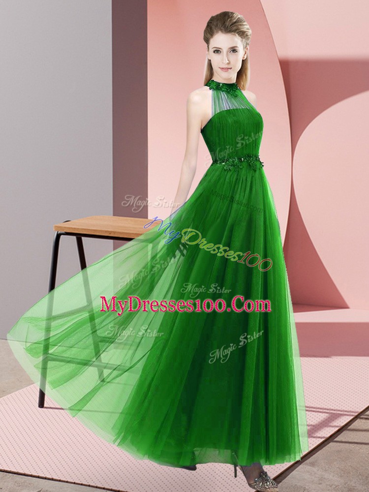 Green Wedding Guest Dresses Wedding Party with Beading and Appliques Halter Top Sleeveless Lace Up