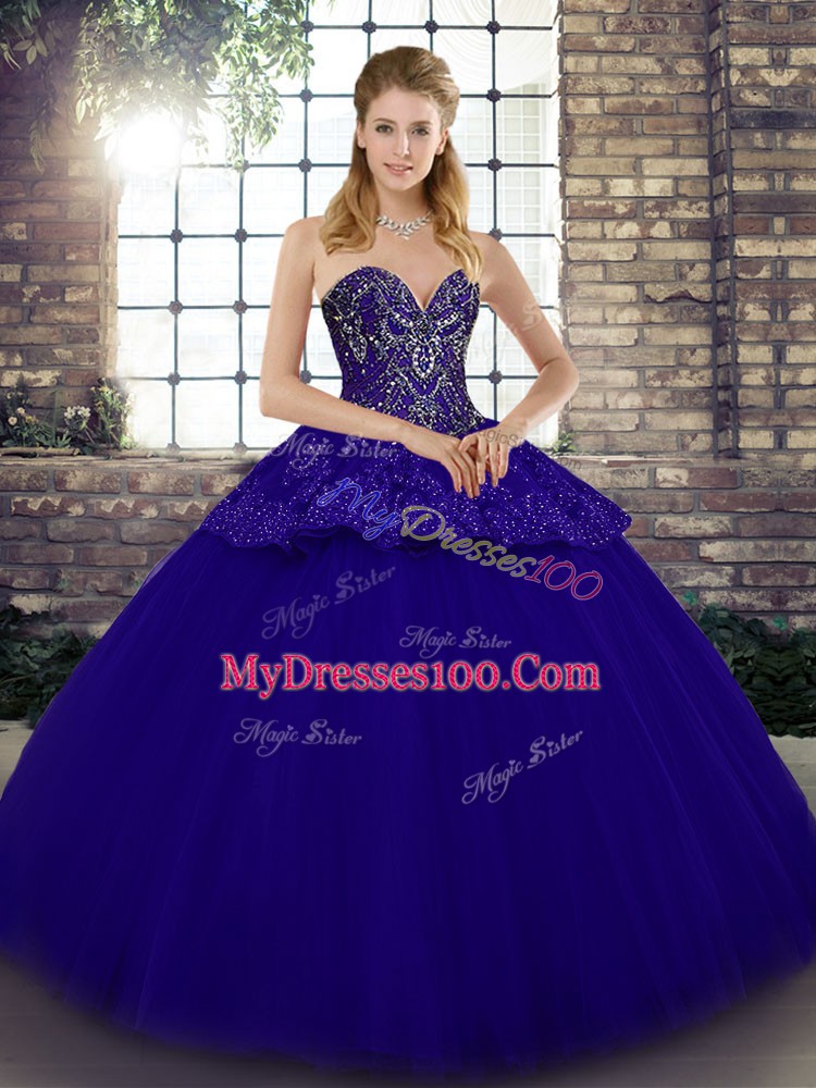 Blue Sleeveless Floor Length Beading and Appliques Lace Up Sweet 16 Quinceanera Dress
