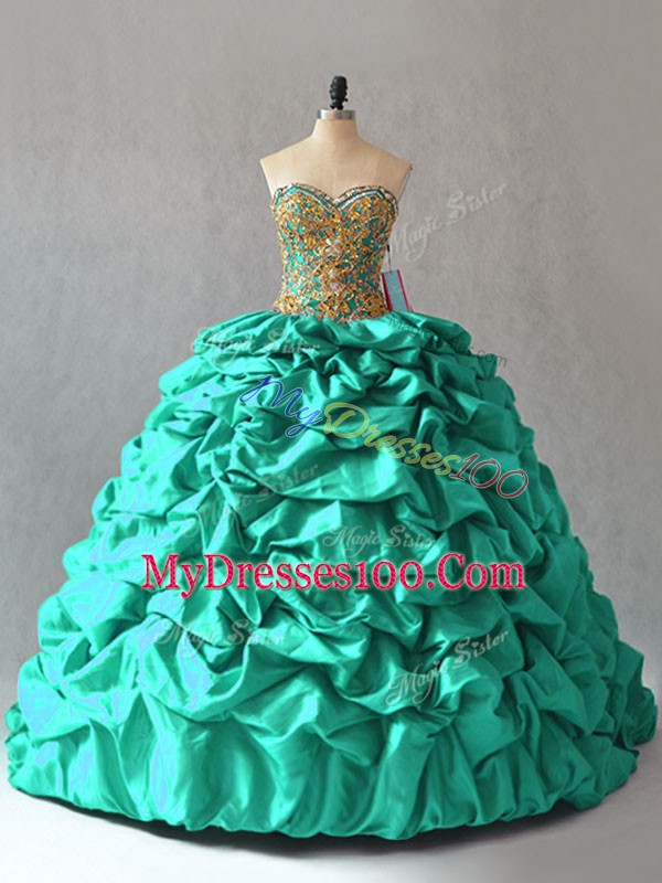 Excellent Turquoise Lace Up Sweetheart Beading and Pick Ups Sweet 16 Dress Taffeta Sleeveless Brush Train