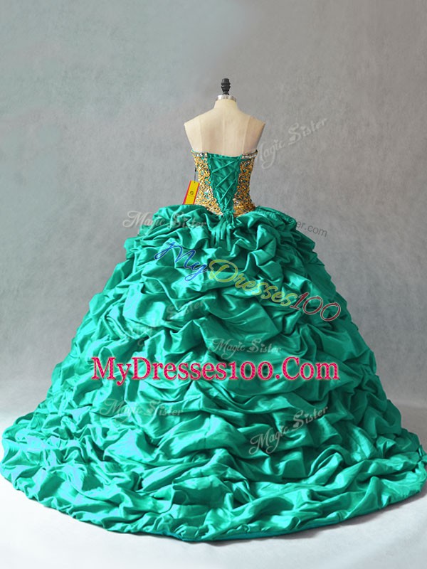 Excellent Turquoise Lace Up Sweetheart Beading and Pick Ups Sweet 16 Dress Taffeta Sleeveless Brush Train