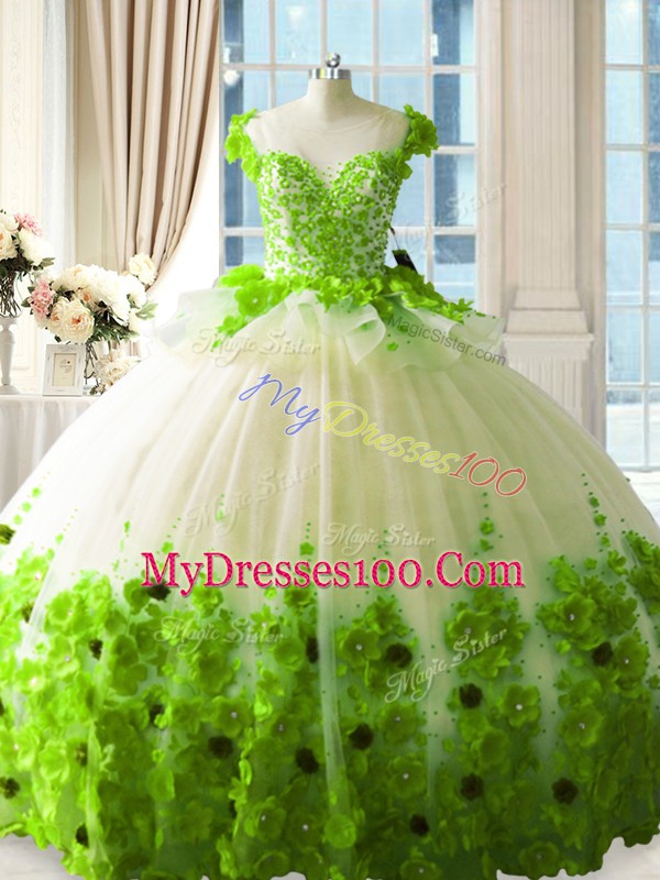 Scoop Sleeveless Quince Ball Gowns Floor Length Hand Made Flower Tulle