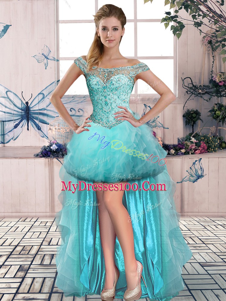 Comfortable Aqua Blue Off The Shoulder Lace Up Beading and Ruffles Evening Dress Sleeveless